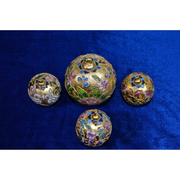 Vintage Cloisonne Ball Christmas Ornaments Set of 4 Florals Birds Gold Enameled - Picture 1 of 6